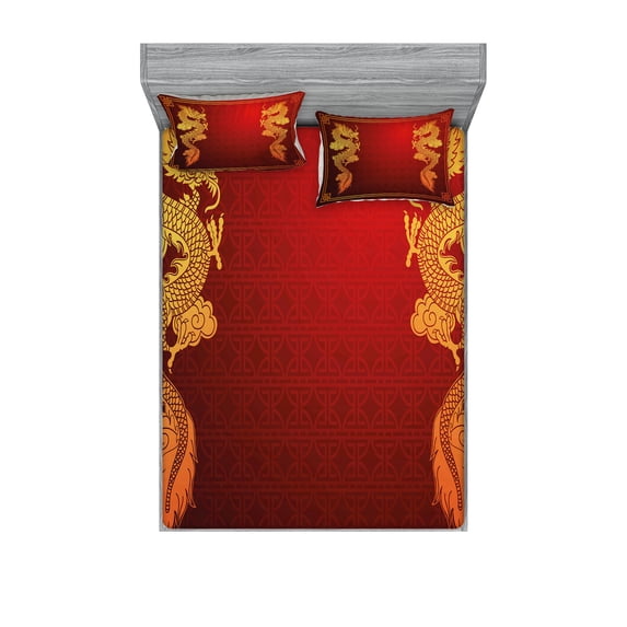 Ambesonne Dragon Fitted Sheet & Pillow Sham Set, Historic Creature, Calking, Orange Yellow