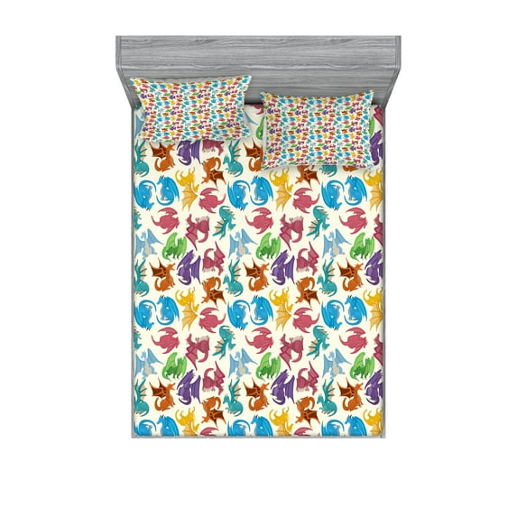 Ambesonne Dragon Fitted Sheet & Pillow Sham Set, Pattern Colored, Calking, Multicolor