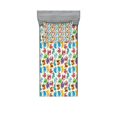 Ambesonne Dragon Fitted Sheet & Pillow Sham Set, Pattern Colored, Twin, Multicolor