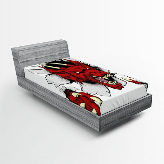 Ambesonne Dragon Fitted Sheet, Retro Pop Art Caricature, Twin Size, Ruby Pale Grey Cream