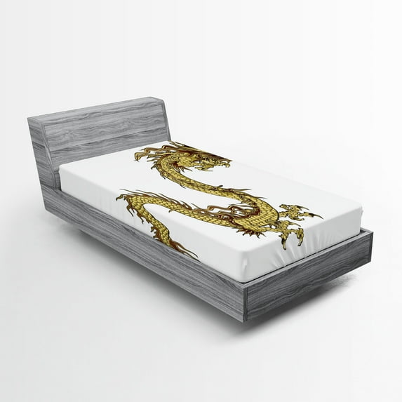 Ambesonne Dragon Fitted Sheet, Traditional Astrology Art, Twin Size, Yellow and White
