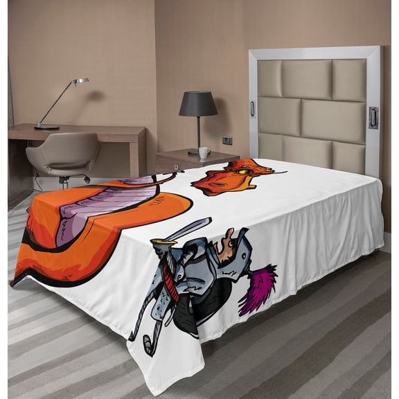 Ambesonne Dragon Flat Sheet, Cartoon Knight Sketch, TwinXL Size, Multicolor