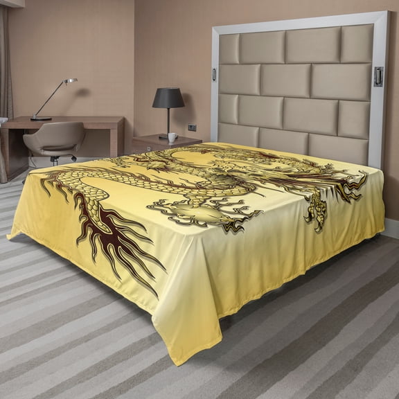 Ambesonne Dragon Flat Sheet, Chinese Eastern Myth, Queen Size, Mustard and Black