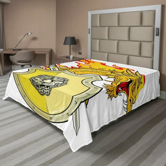 Ambesonne Dragon Flat Sheet, Creature Hero, Full Size, Marigold Pistachio Green