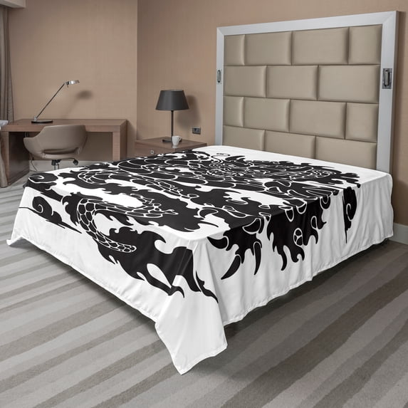 Ambesonne Dragon Flat Sheet, Cultural Chinese Silhouette, Queen Size, Charcoal Grey and White