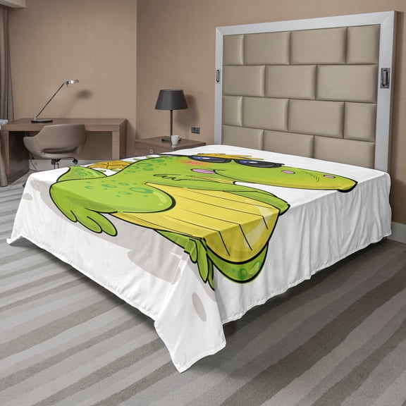 Ambesonne Dragon Flat Sheet, Funny Dino Cartoon Character, Queen Size, Apple Green Multicolor