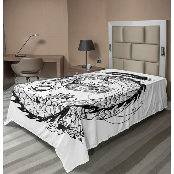 Ambesonne Dragon Flat Sheet, Japanese, TwinXL Size, White and Black