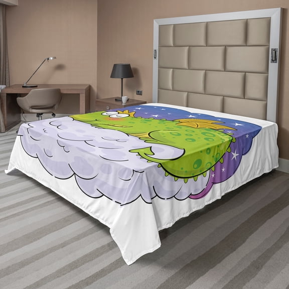 Ambesonne Dragon Flat Sheet, Nighttime Sleep on a Cloud, Queen Size, White Multicolor