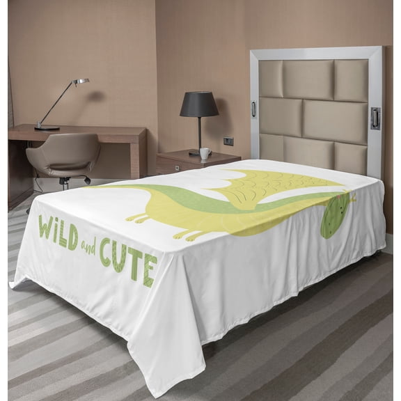 Ambesonne Dragon Flat Sheet, Typography and Fantasy Dino, TwinXL Size, Green Pistachio Green