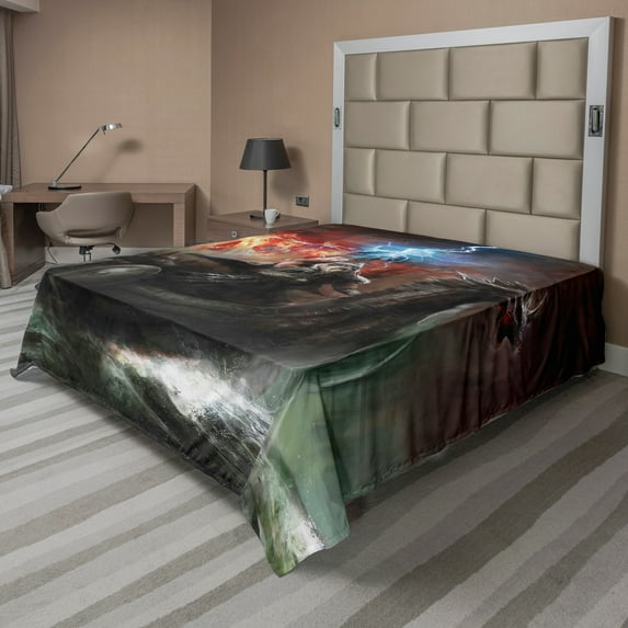Ambesonne Dragon Flat Sheet, Vikings Boat Stormy Sea, Queen Size, Multicolor