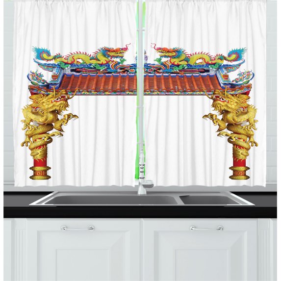 Ambesonne Dragon Kitchen Curtains, Eastern Building and Dragon, 55"x45", Yellow Blue and Red