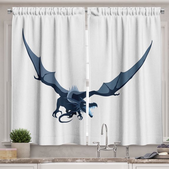 Ambesonne Dragon Kitchen Curtains, Flying Fantasy Animal Art, 55"x24", Dark Lavender and Violet Blue