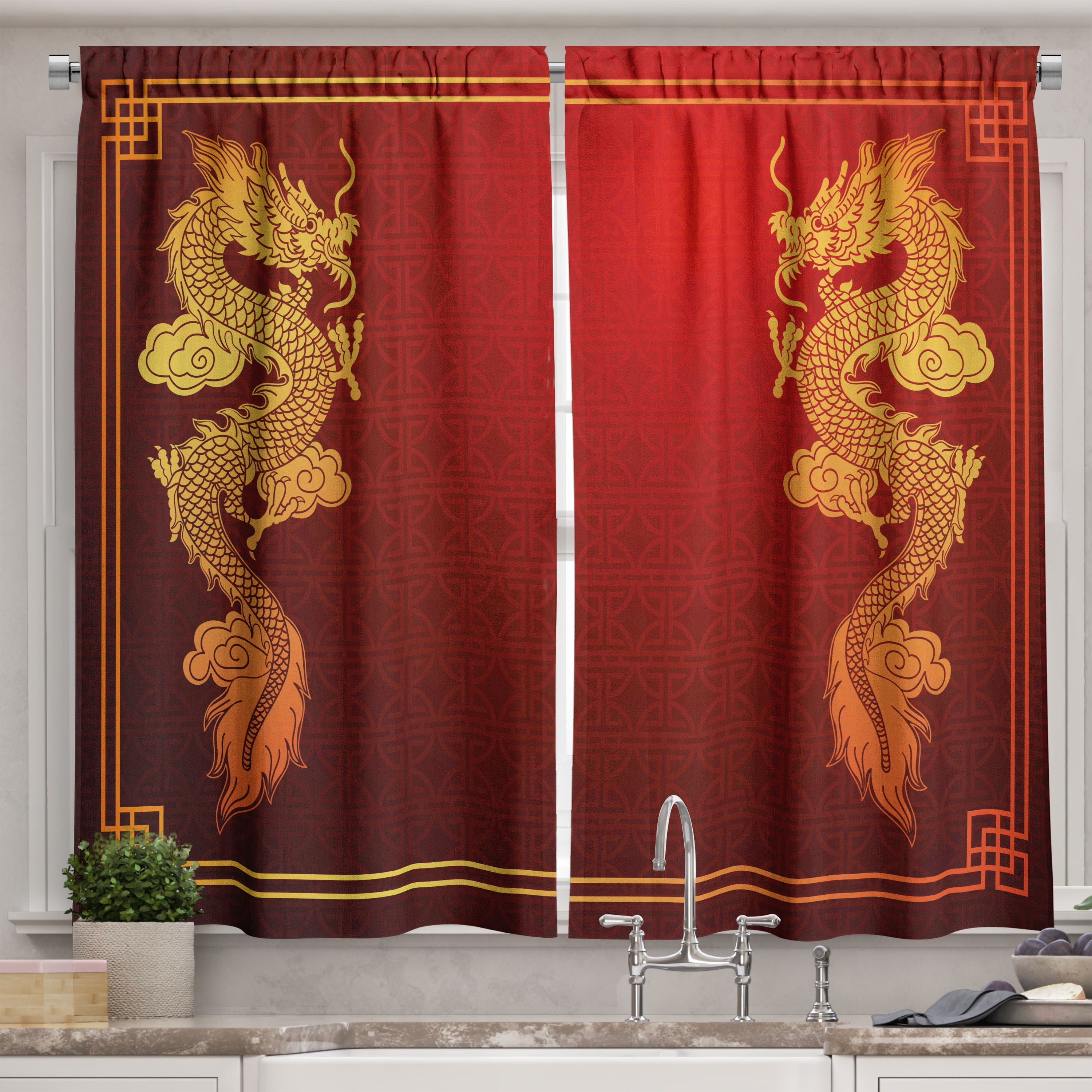 Ambesonne Dragon Kitchen Curtains, Historic Creature, 55"x39", Orange