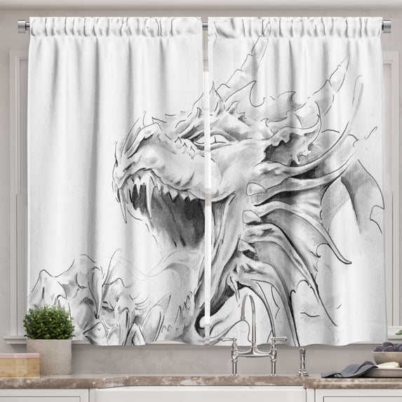 Ambesonne Dragon Kitchen Curtains, Medieval Myth Sketch, 55"x39", Pale Grey White