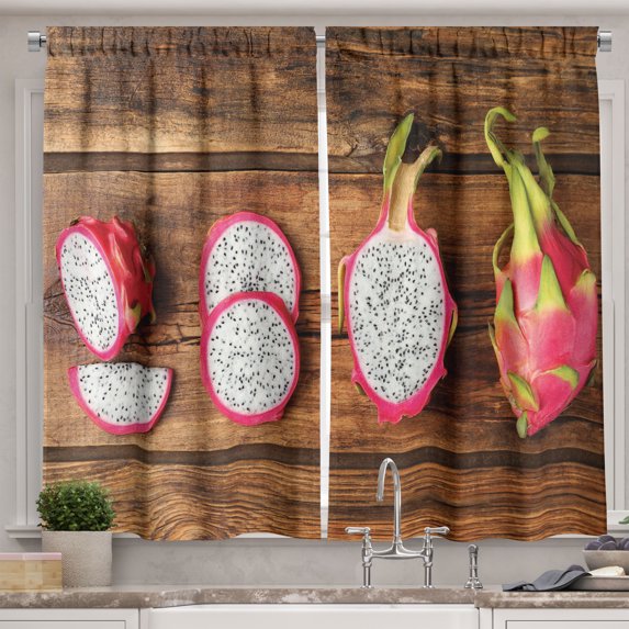 Ambesonne Dragon Kitchen Curtains, Pitahaya Fruits Print Art, 55"x36", Dark Pink Pale Caramel