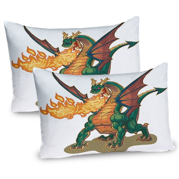Ambesonne Dragon Pillow Sham 2 Pack, Mythical Monster Mascot, 36"x20", Hunter Green Dark Orange