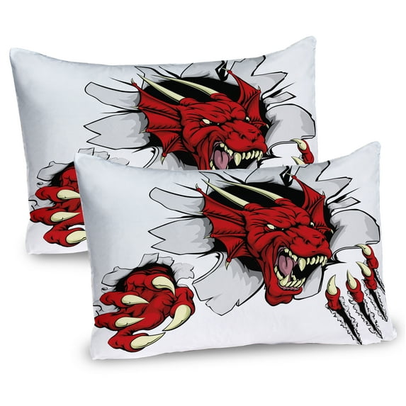 Ambesonne Dragon Pillow Sham 2 Pack, Retro Pop Art Caricature, 30"x20", Ruby Pale Grey Cream