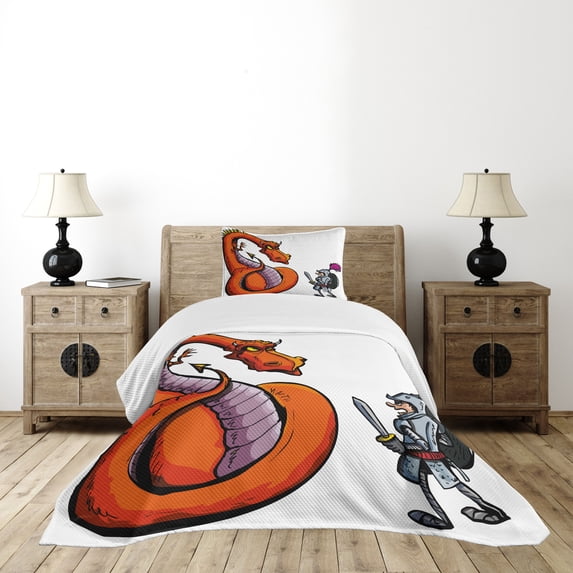 Ambesonne Dragon Quilted Bedspread Set 2 Pcs, Cartoon Knight Sketch, Twin Size, Multicolor