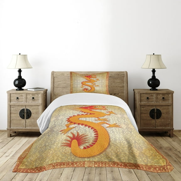 Ambesonne Dragon Quilted Bedspread Set 2 Pcs, Chinese Folk Elements, Twin Size, Orange Vermilion Apricot