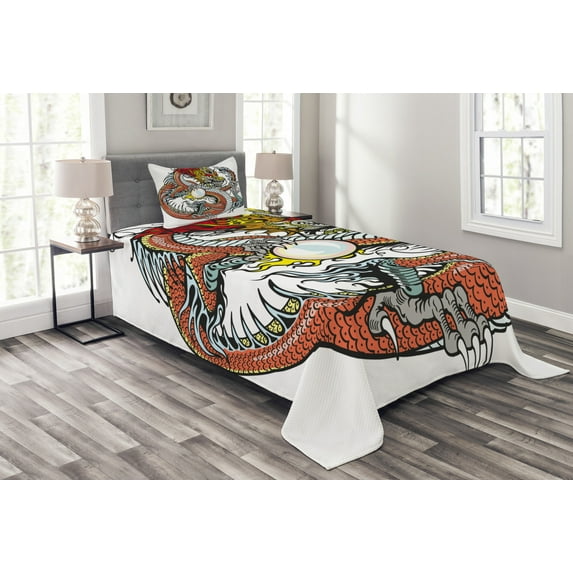 Ambesonne Dragon Quilted Bedspread Set 2 Pcs, Chinese Zodiac Signs, Twin Size, Multicolor