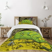 Ambesonne Dragon Quilted Bedspread Set 2 Pcs, Creature Sleeping, Twin Size, Multicolor