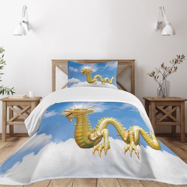 Ambesonne Dragon Quilted Bedspread Set 2 Pcs, Cultural Chinese, Twin Size, Multicolor