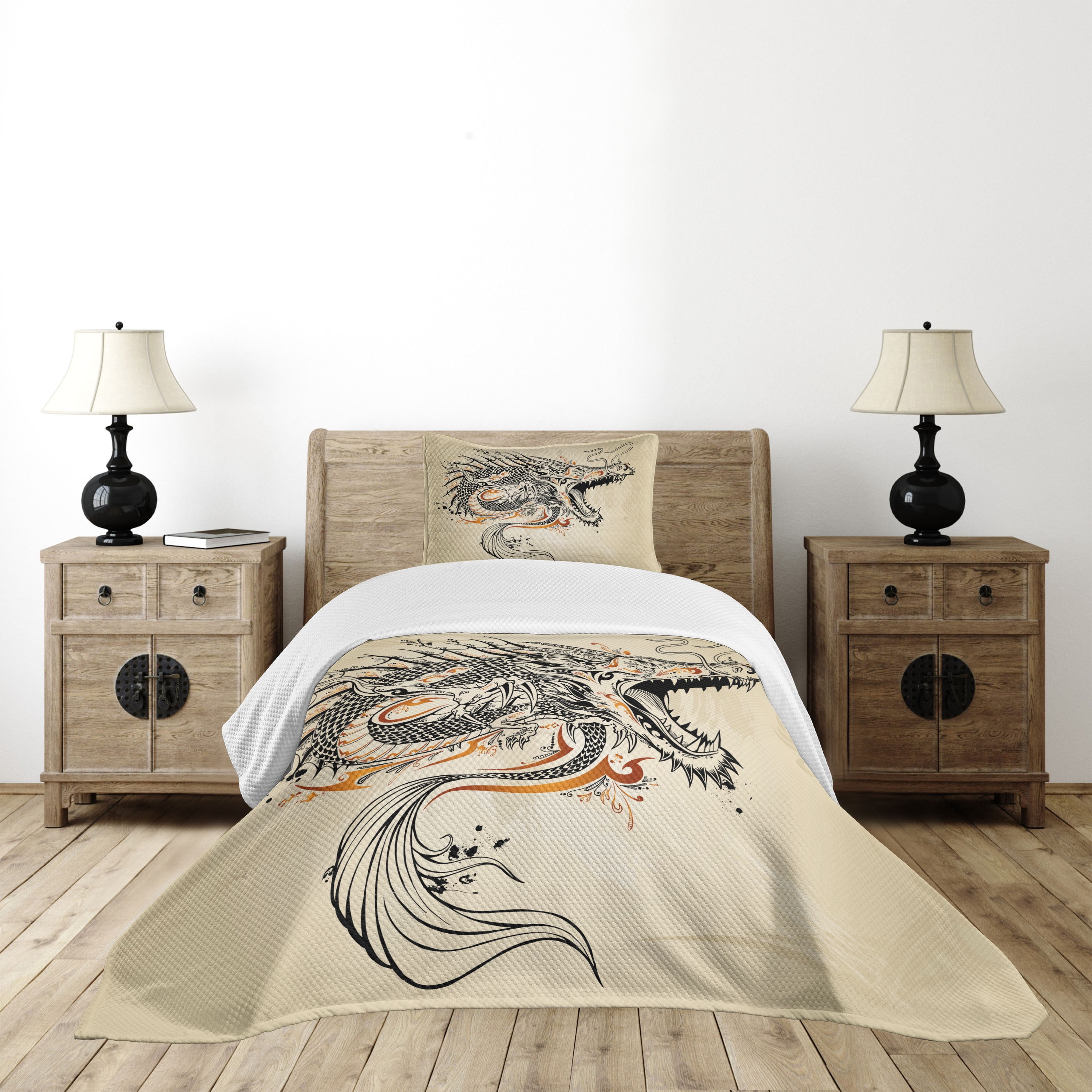 Ambesonne Ambesonne Dragon Bedspread Set Doodle Creature Beige Ginger Black
