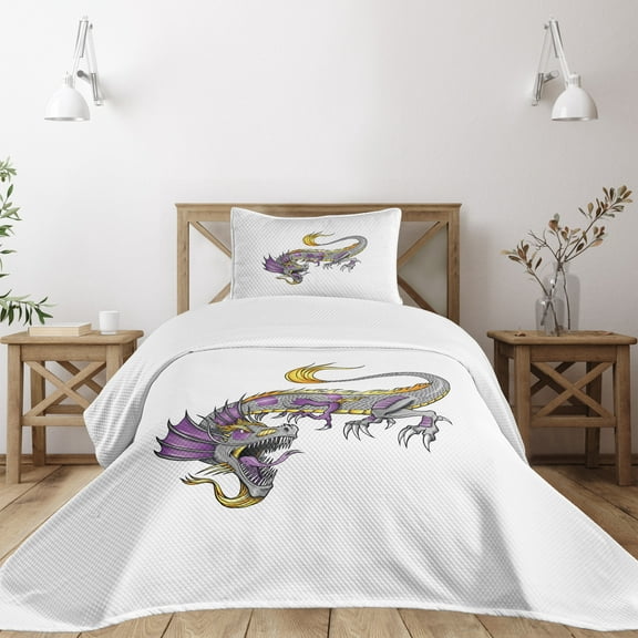 Ambesonne Dragon Quilted Bedspread Set 2 Pcs, East Beast, Twin Size, Grey Violet Yellow