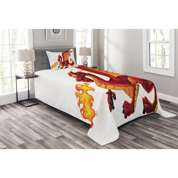 Ambesonne Dragon Quilted Bedspread Set 2 Pcs, Funny Mascot Cartoon, Twin Size, Orange Red