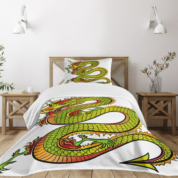 Ambesonne Dragon Quilted Bedspread Set 2 Pcs, Retro Folk Myth, Twin Size, Lime Green Marigold Red