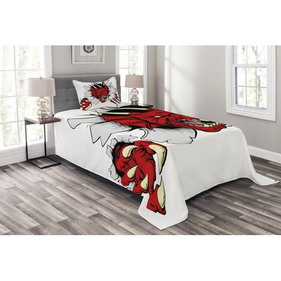 Ambesonne Dragon Quilted Bedspread Set 2 Pcs, Retro Pop Art Caricature, Twin Size, Ruby Pale Grey Cream