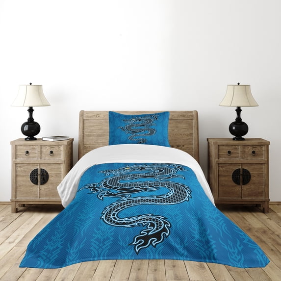 Ambesonne Dragon Quilted Bedspread Set 2 Pcs, Year of the Dragon, Twin Size, Blue Black White