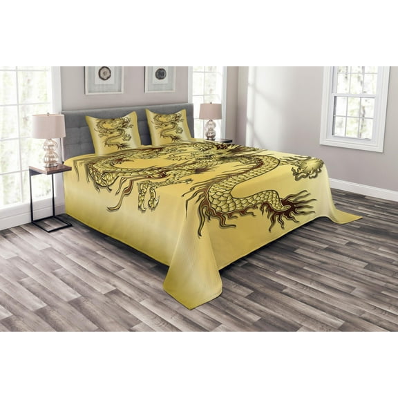 Ambesonne Dragon Quilted Bedspread Set 3 Pcs, Chinese Eastern Myth, Queen Size, Mustard and Black