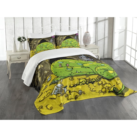 Ambesonne Dragon Quilted Bedspread Set 3 Pcs, Creature Sleeping, Queen Size, Multicolor