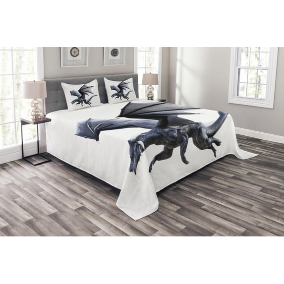 Ambesonne Dragon Quilted Bedspread Set 3 Pcs, Creature Wings, Queen Size, Charcoal Grey