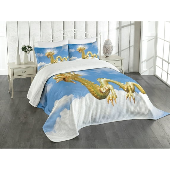 Ambesonne Dragon Quilted Bedspread Set 3 Pcs, Cultural Chinese, King Size, Multicolor