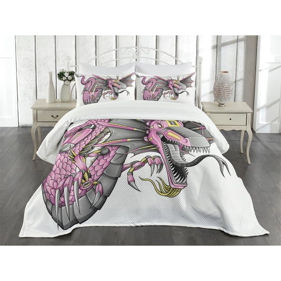 Ambesonne Dragon Quilted Bedspread Set 3 Pcs, Digital Robotic Cyborg, Queen Size, Yellow Fuchsia Grey