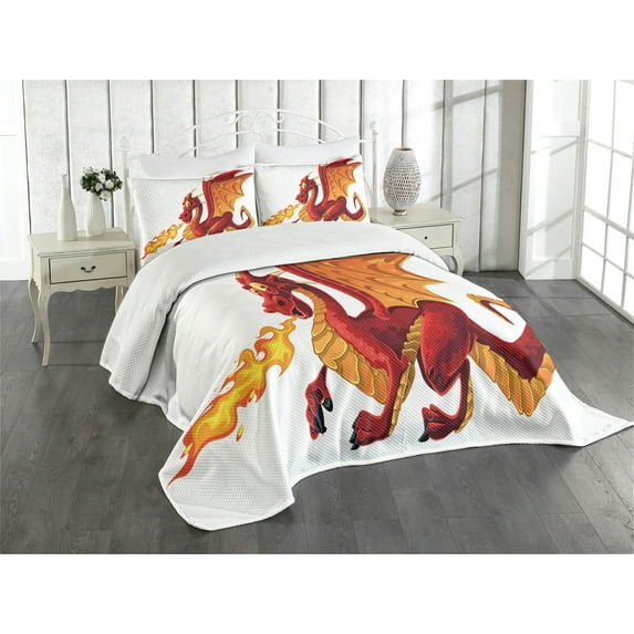 Ambesonne Dragon Quilted Bedspread Set 3 Pcs, Funny Mascot Cartoon, Queen Size, Orange Red