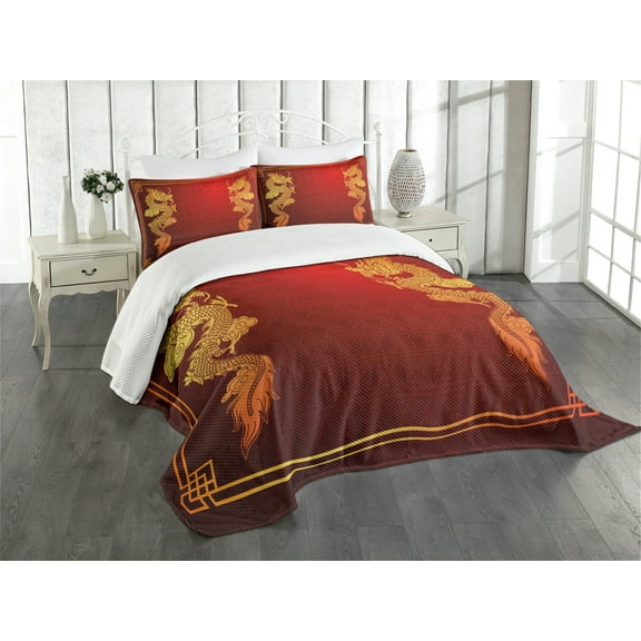 Ambesonne Dragon Quilted Bedspread Set 3 Pcs, Historic Creature, King Size, Orange Yellow