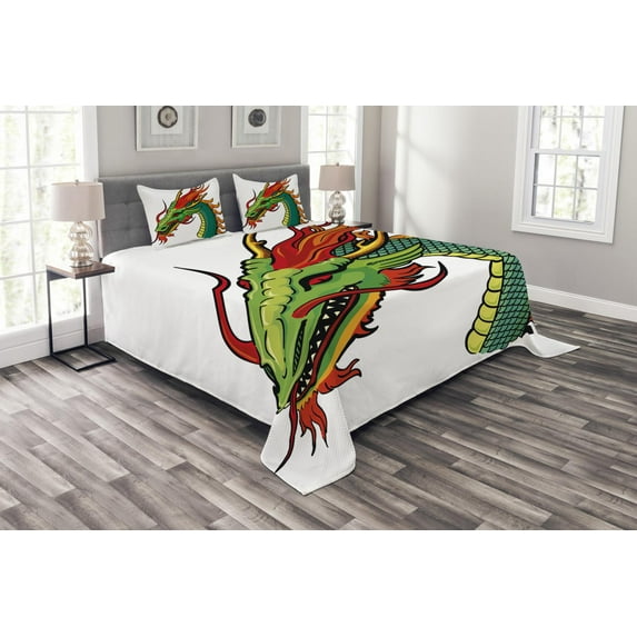 Ambesonne Dragon Quilted Bedspread Set 3 Pcs, Monster Portrait Fantasy, King Size, Fern Green Orange Red