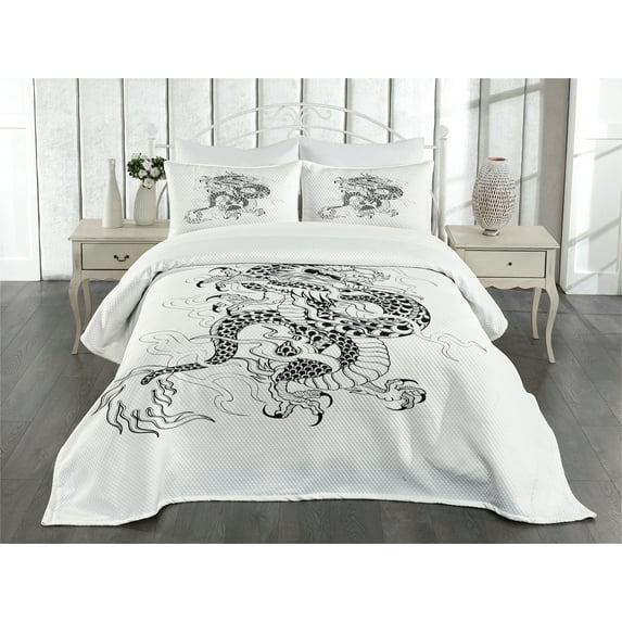 Ambesonne Dragon Quilted Bedspread Set 3 Pcs, Sketch Art Monster, Queen Size, White Black