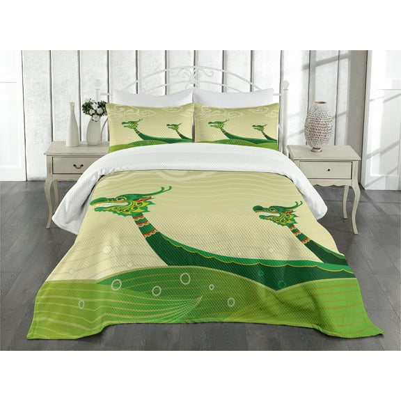 Ambesonne Dragon Quilted Bedspread Set 3 Pcs, Tatsu Mythical Animal, Queen Size, Pistachio and Fern Green