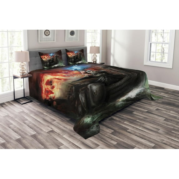 Ambesonne Dragon Quilted Bedspread Set 3 Pcs, Vikings Boat Stormy Sea, Queen Size, Multicolor