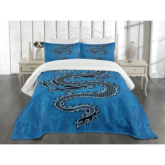 Ambesonne Dragon Quilted Bedspread Set 3 Pcs, Year of the Dragon, King Size, Blue Black White