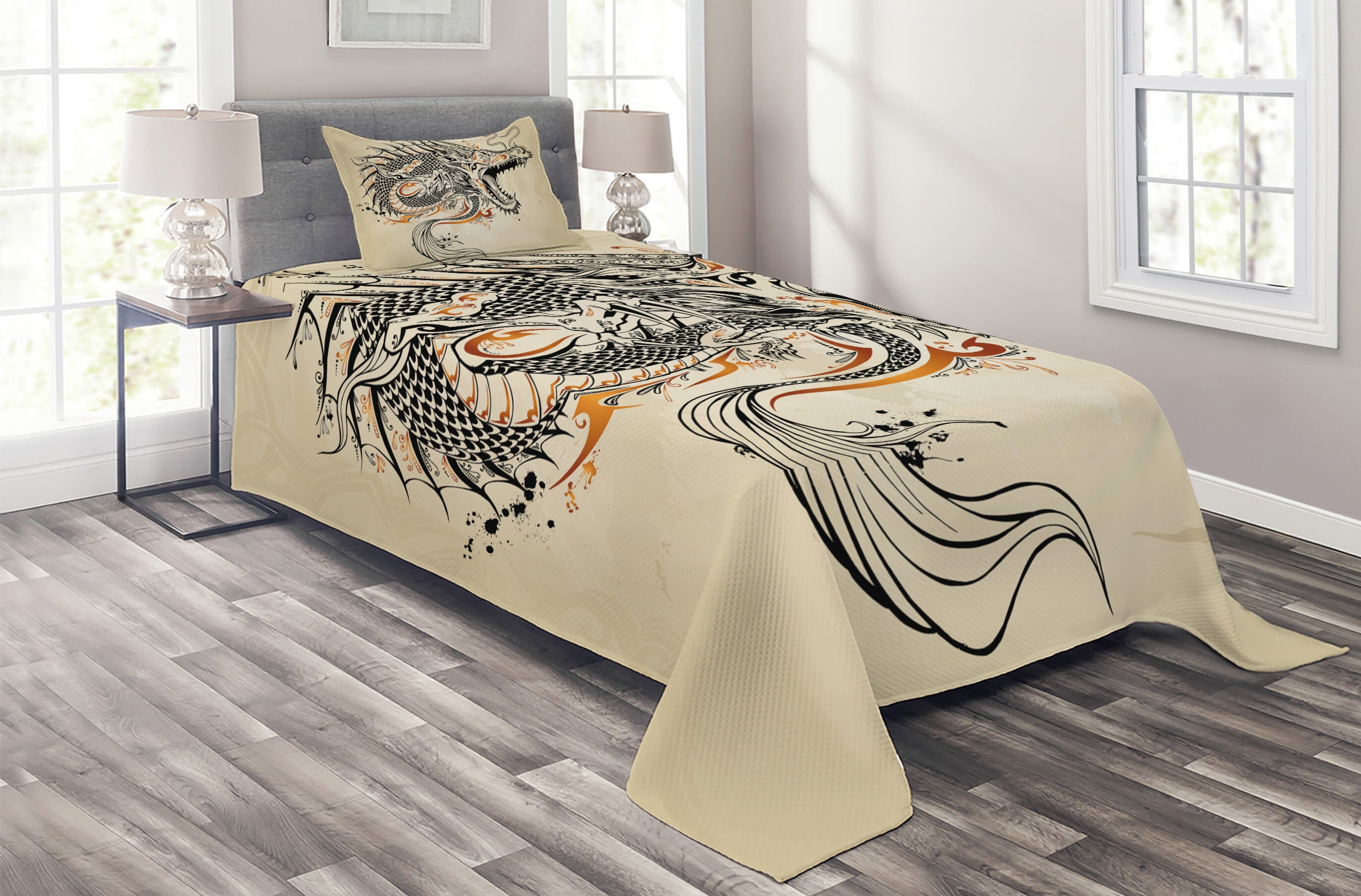 Ambesonne Ambesonne Dragon Bedspread Set Doodle Creature Beige Ginger Black