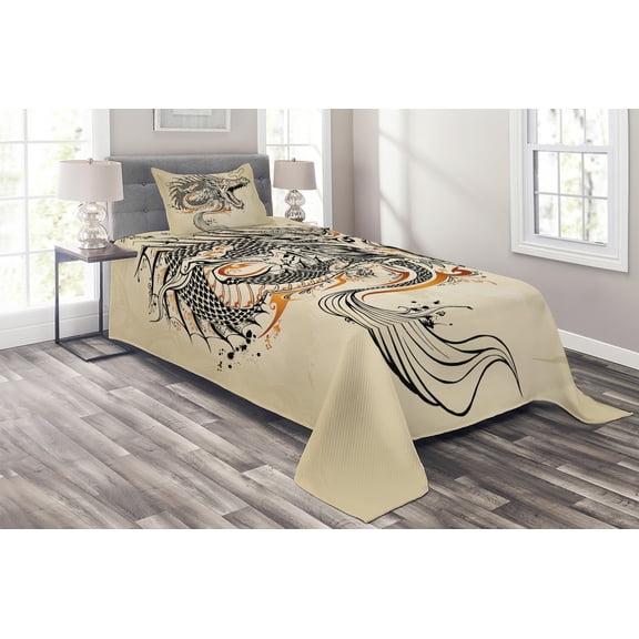 Ambesonne Dragon Quilted Coverlet 2 Pcs, Doodle Creature, Twin Size, Beige Ginger Black