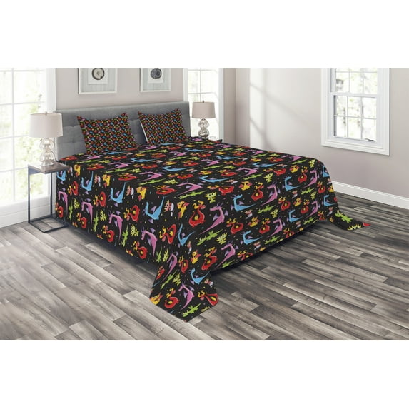 Ambesonne Dragon Quilted Coverlet 3 Pcs, Colorful Stars on Black, King Size, Multicolor