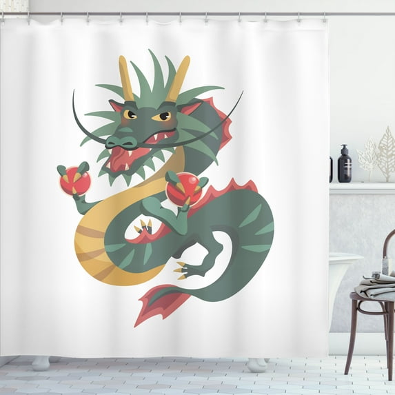 Ambesonne Dragon Shower Curtain, Fictional Animal Print Art, 69"Wx70"L, Dark Salmon Jade Green