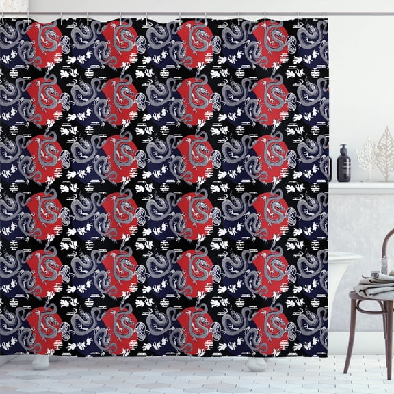 Ambesonne Dragon Shower Curtain, Japan Art Curving Tails, 69"Wx70"L, Charcoal Grey Indigo