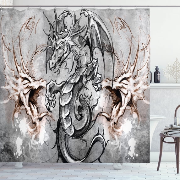 Ambesonne Dragon Shower Curtain, Scary Creature Sketch, 69"Wx84"L, Grey Umber